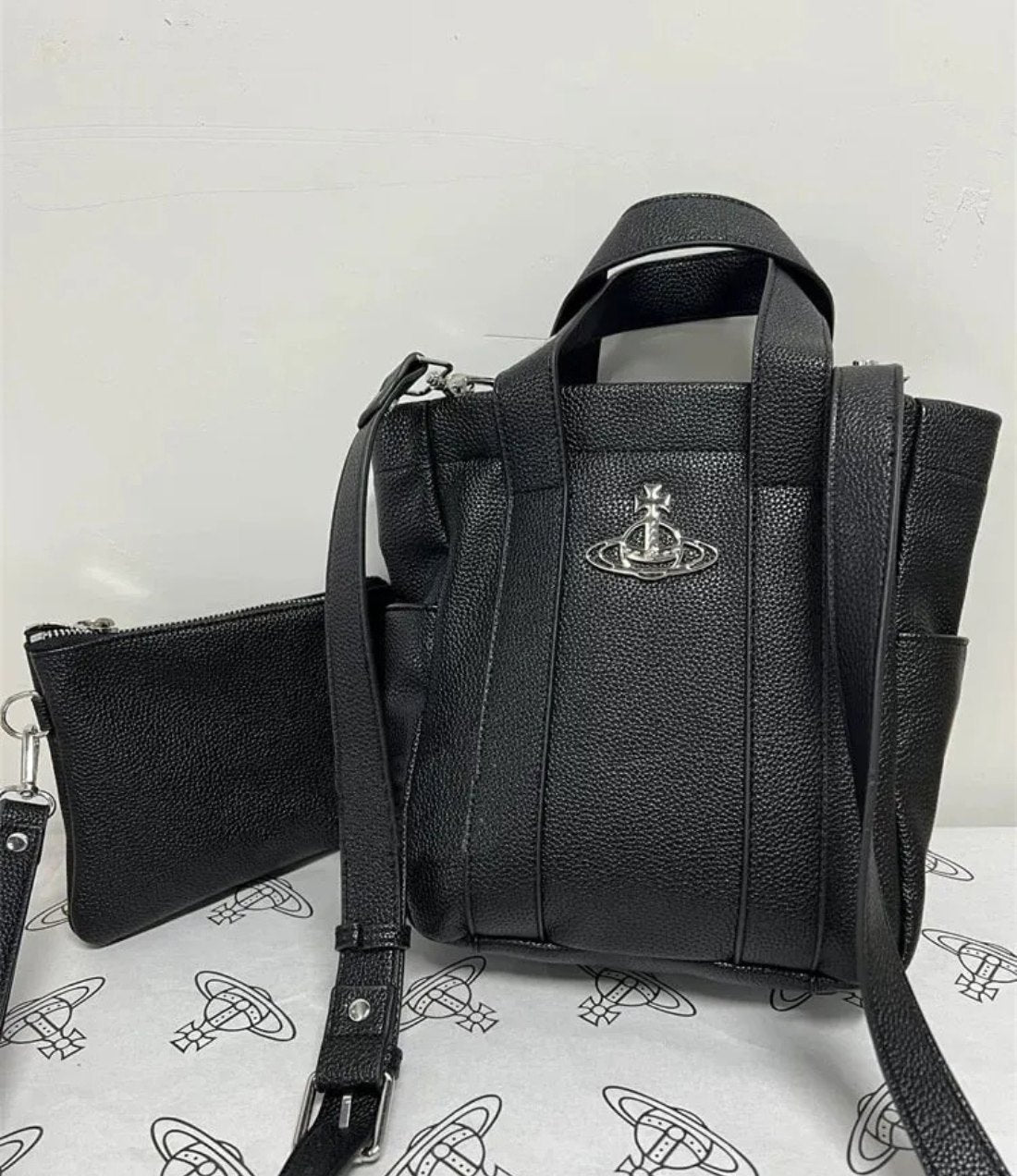 Structured Leather Tote with Pouch