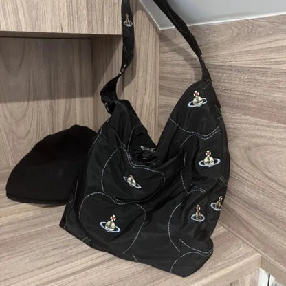 Embroidered Canvas Slouchy Shoulder Bag