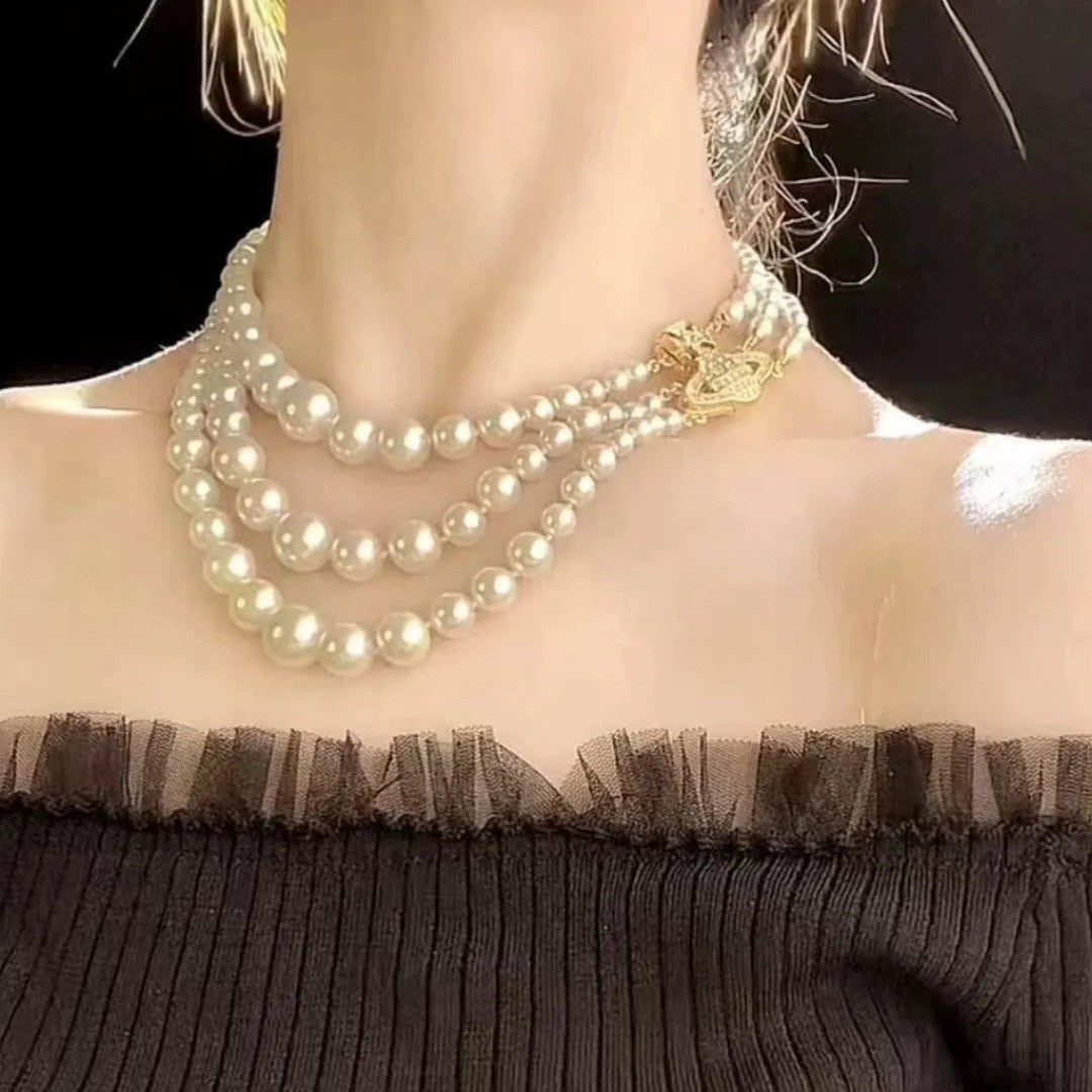 Regal Triple Strand Pearl Necklace with Embellished Orb Accent