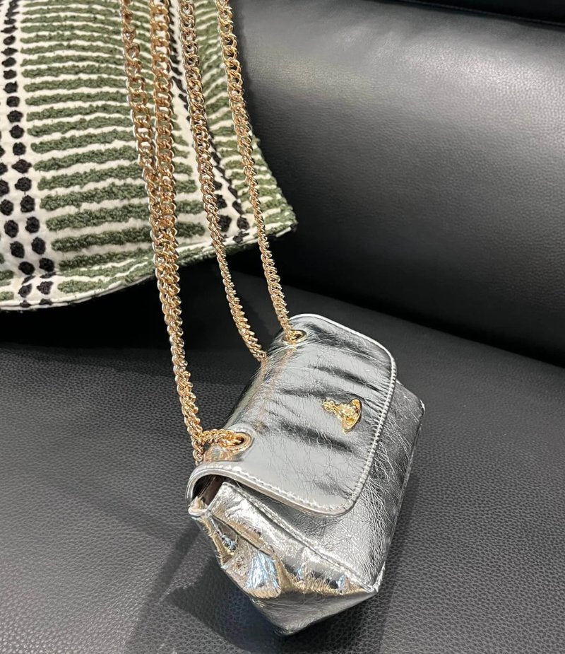 Metallic Leather Saturn Chain Crossbody Bag