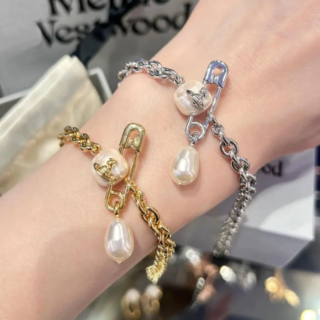 Pearl Drop Safety Pin Chain Bracelet (with Box)