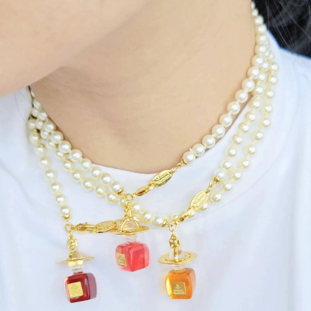 Perfume Bottle Pearl Saturn Necklace