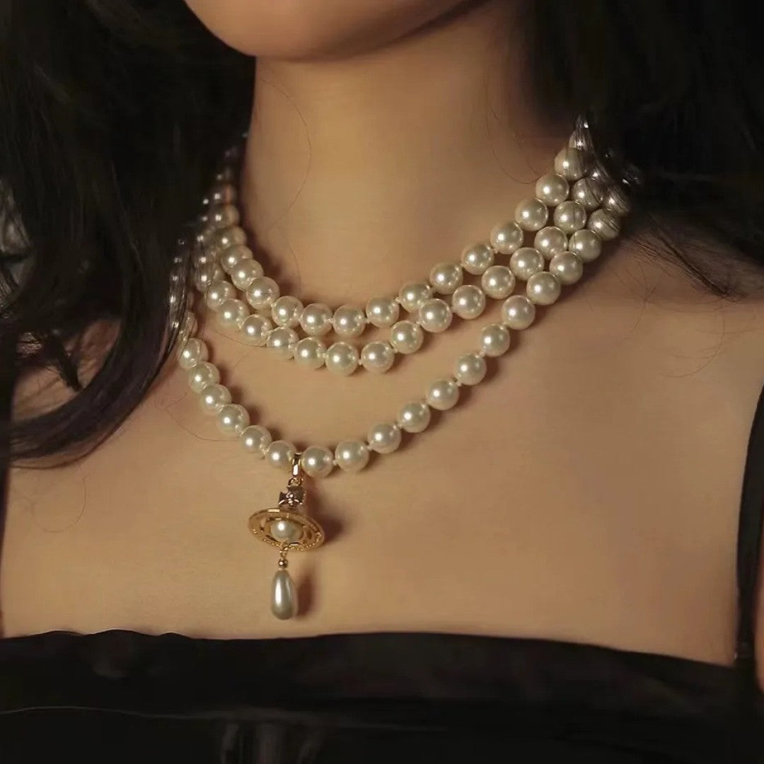 Triple-Layer Pearl Saturn Necklace with Teardrop Charm