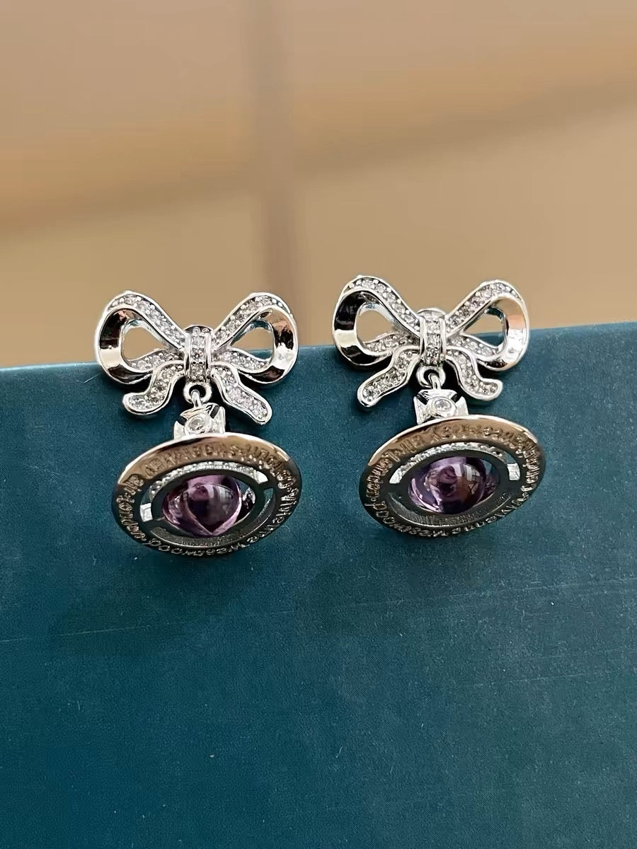 Silver and Purple bow orb earrings (with box)