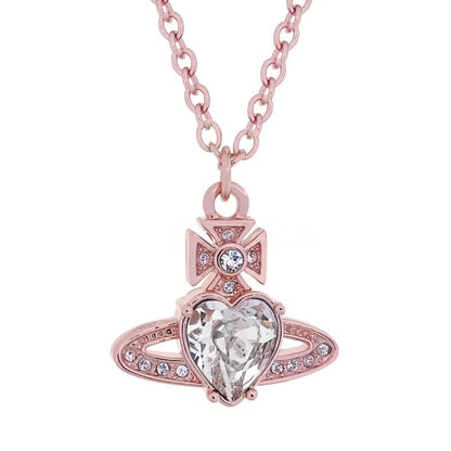 Saturn Heart Pendant Necklace with Zircon Accents