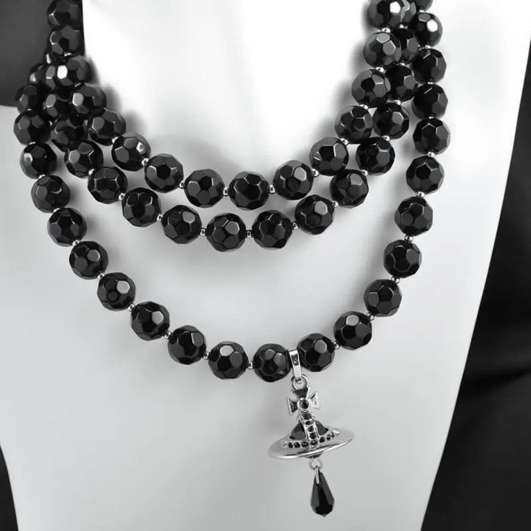 Triple-Layer Pearl Saturn Necklace with Teardrop Charm