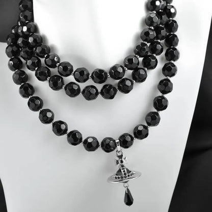 Triple-Layer Pearl Saturn Necklace with Teardrop Charm