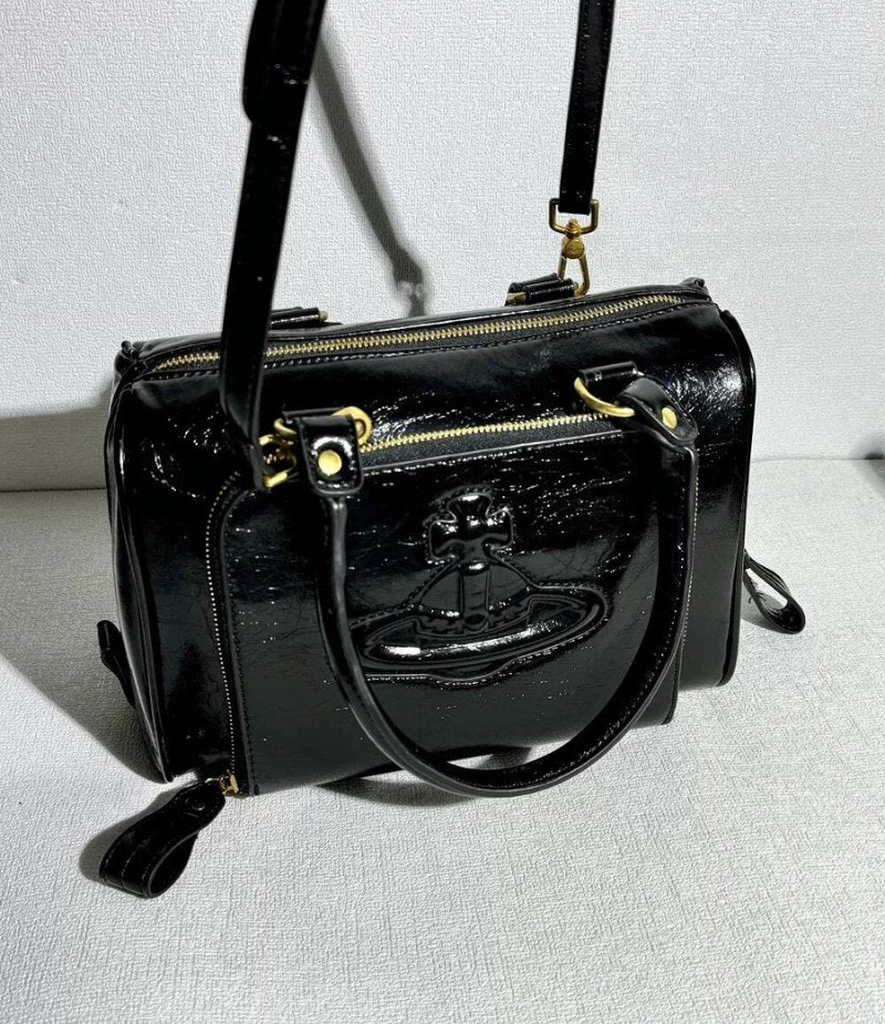 Structured Leather Boston Bag with Saturn Emblem
