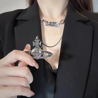 Antique Silver Carved Saturn Necklace