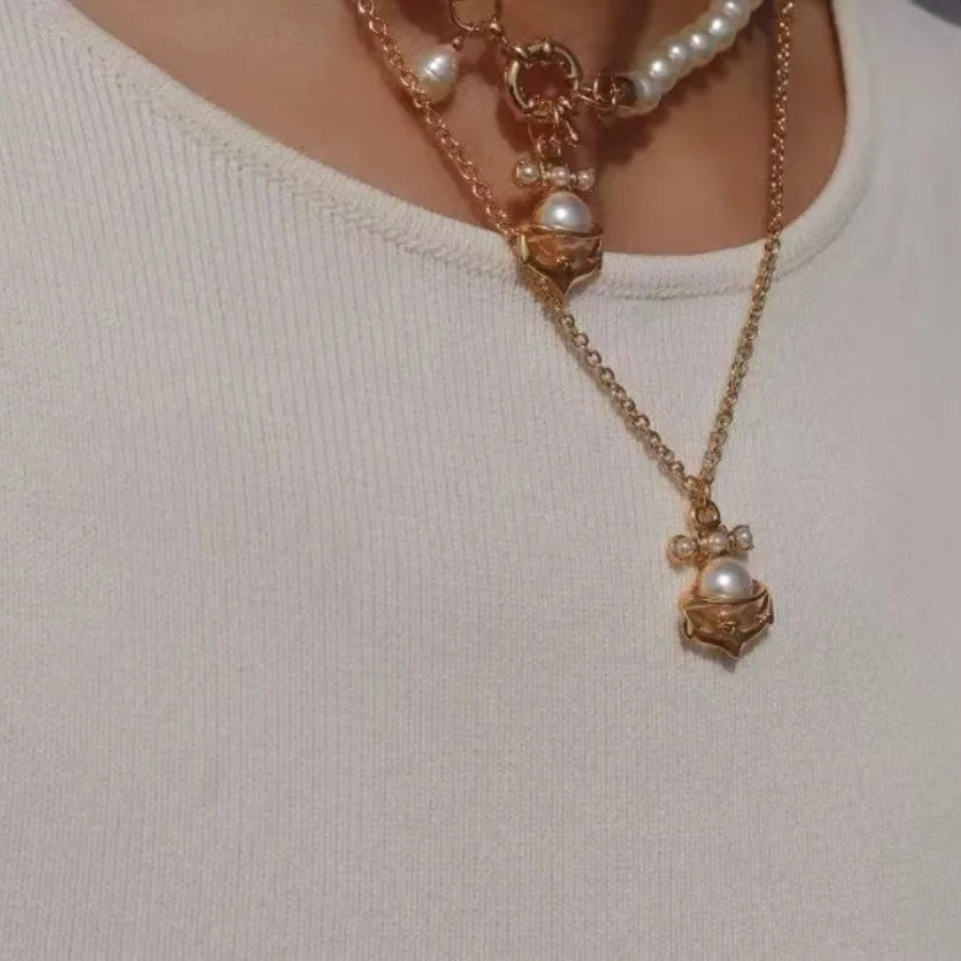 MARIALENA Petite Anchor Orb Pendant Necklace with Pearl Inlay