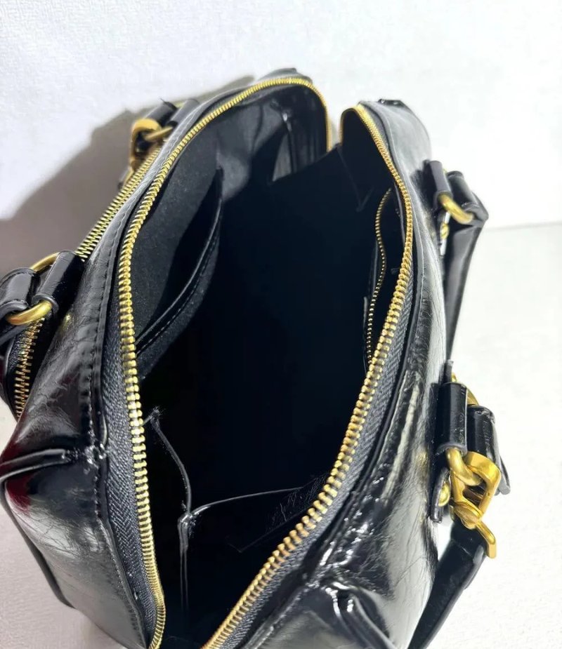 Structured Leather Boston Bag with Saturn Emblem