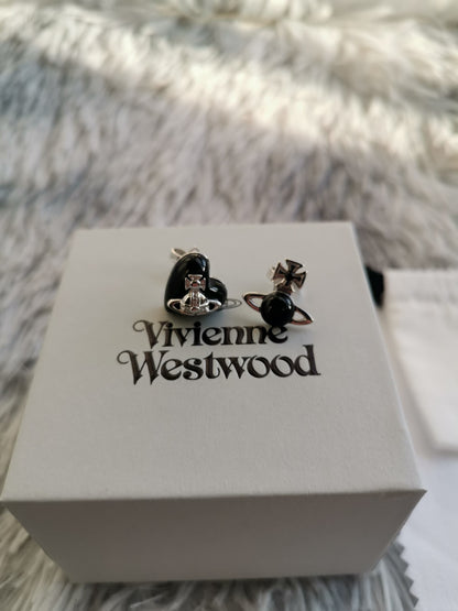 Black and silver heart and orb earrings (with box)