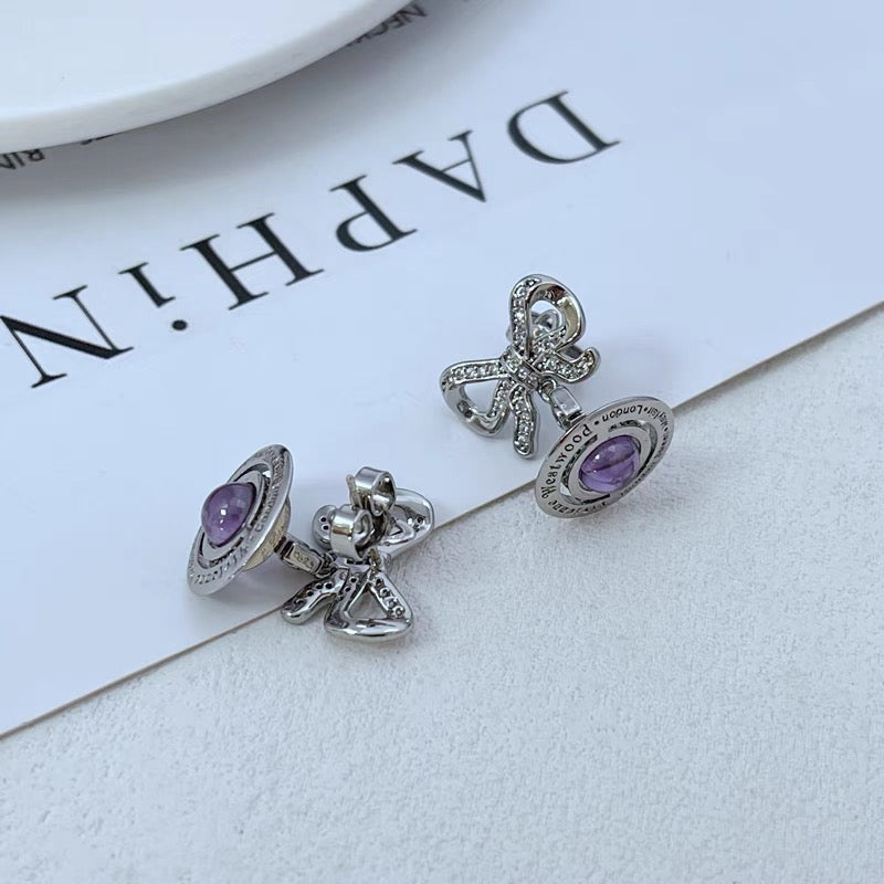 Silver and Purple bow orb earrings (with box)