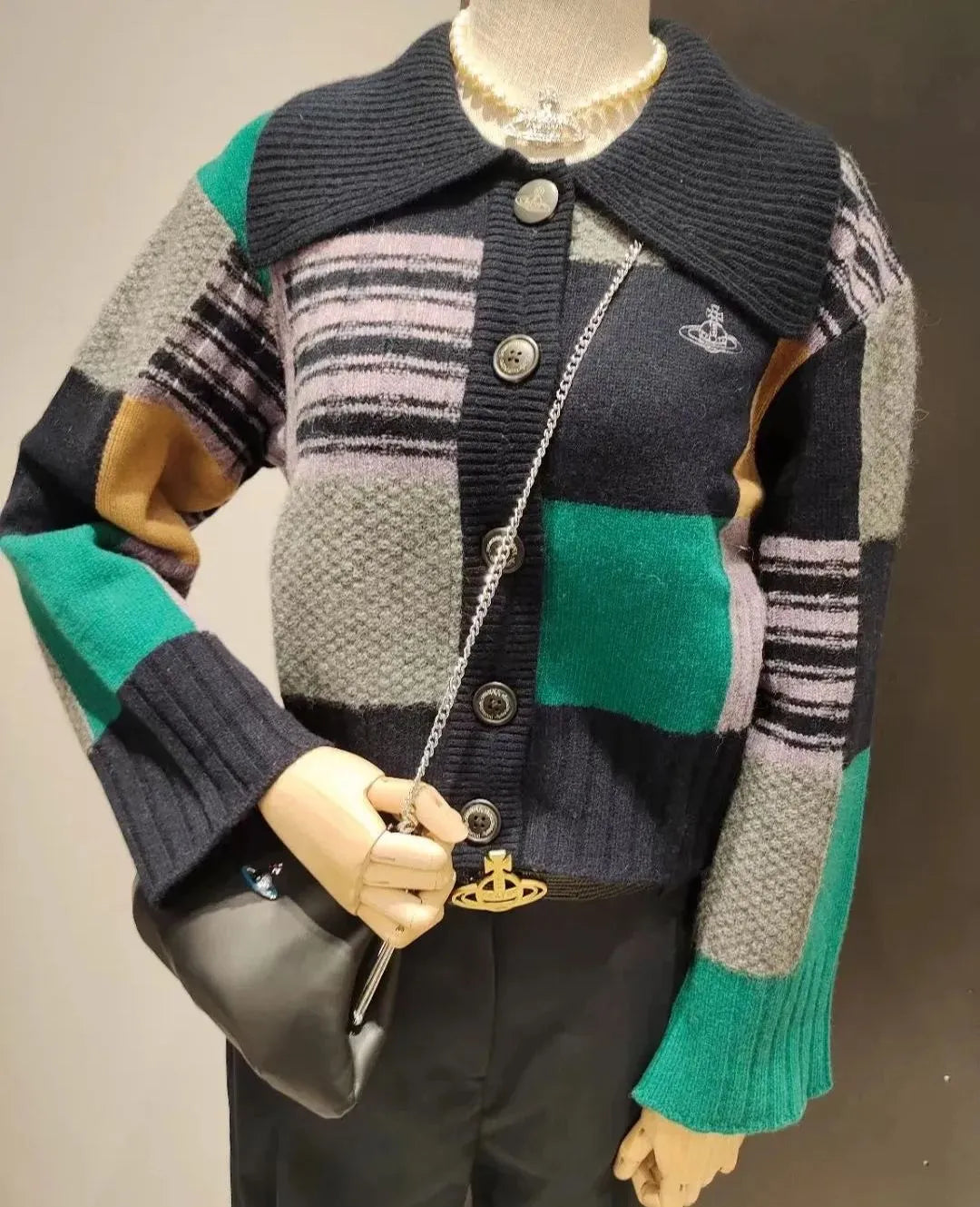  Colorblock Grid Knit Cardigan